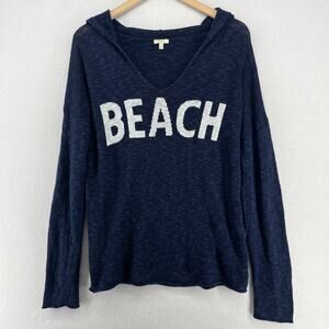 PROJECT Sweater Womens L BEACH Intarsia Slub Hooded Pullover Linen Cotton Blue